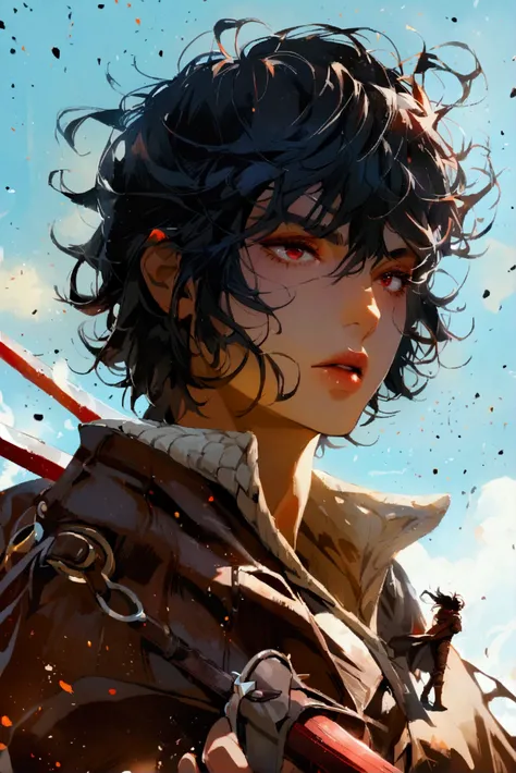 Describe a swordsman with black hair but with red inside and with a cloth and leather suit and leather shoes and a poncho cape

Short hair, red eyes, boca cerrada, 


