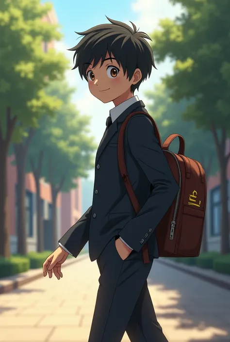 A boy black hairs brown eyes s wearing blazer in school with a bag sigma in school 