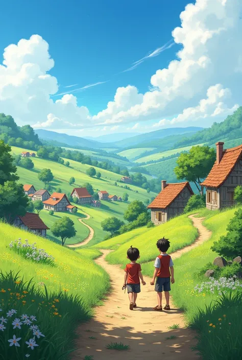 A quiet, peaceful village with lush green fields, rustic houses, and a bright blue sky. Farmers working in the fields and two boys friend Always ready to try something new 