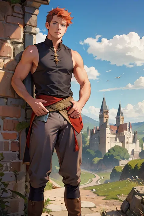 Photo-realistic. A pleased, tall, handsome, fit, 24-year-old Caucasian medieval prince, with short, fade-cut, burnt orange hair, and blue eyes, wearing a red and tan sleeveless tunic, with gray trousers, standing on a castle wall, looking out to the distan...