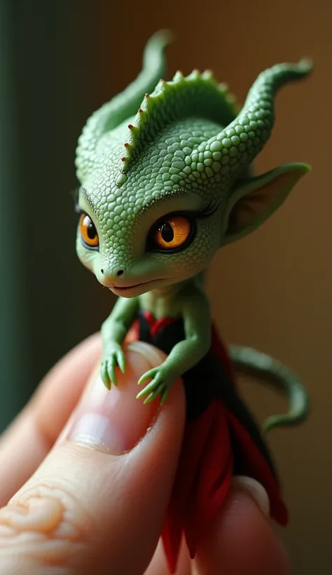 A realistic photograph of a minuscule Gorgon, inspired by Greek mythology. With smooth pale green skin and tiny snake-like hair, perched gently on top of a human thumb and index finger as scales. The miniature Gorgon has piercing, captivating golden eyes w...