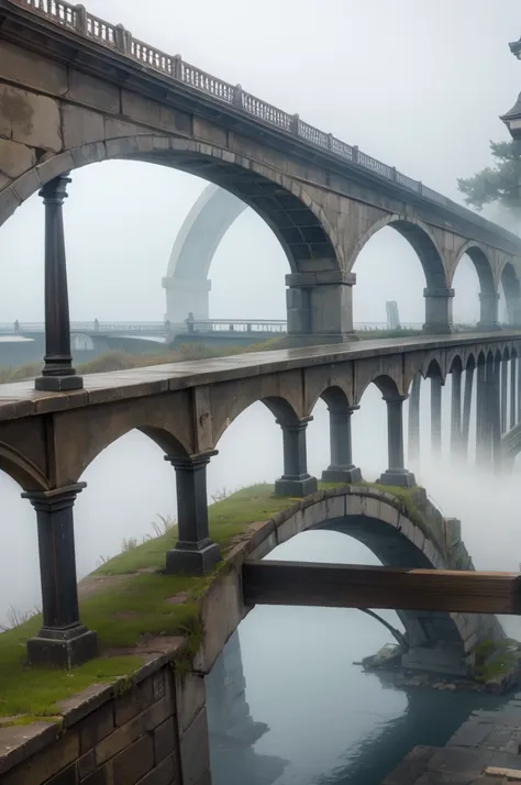  An old bridge shrouded in fog