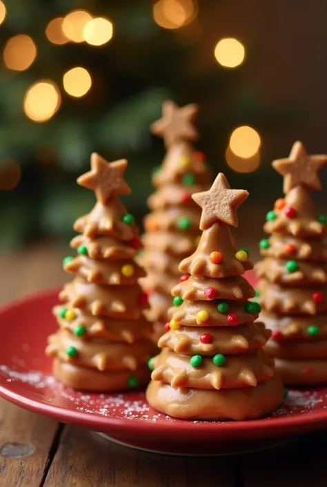 🎄🍫 **Reeses Peanut Butter Christmas Trees** 🍫🎄,  The scene should be captured in warm, inviting lighting with a slight grainy texture, reminiscent of an old camera. The composition should convey a casual yet appealing presentation that highlights the dishs...