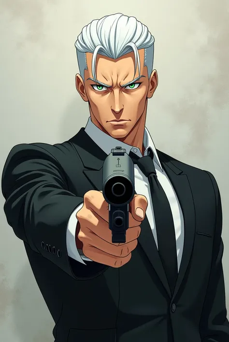 Man with short white hair and green eyes in a serious anime suit with a gun 