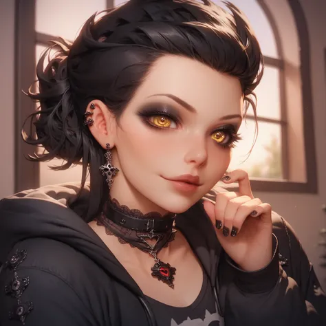 1girl, solo, ((beautiful detailed eyes)), (detailed light), (black hair), Bright Yellow eyes, dark eyeliner, hair partially covering one eye, choker, gothic hoodie, jeans (subtle gothic decor), emotional stillness, bedroom