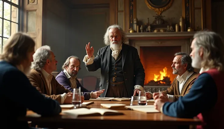 A hyper-photorealistic scene of Thomas Hobbes engaging in a spirited philosophical debate within the grand interior of a 17th-century parlor, surrounded by the intellectual elite of his time. Hobbes, an older man with thinning gray hair flowing to his shou...