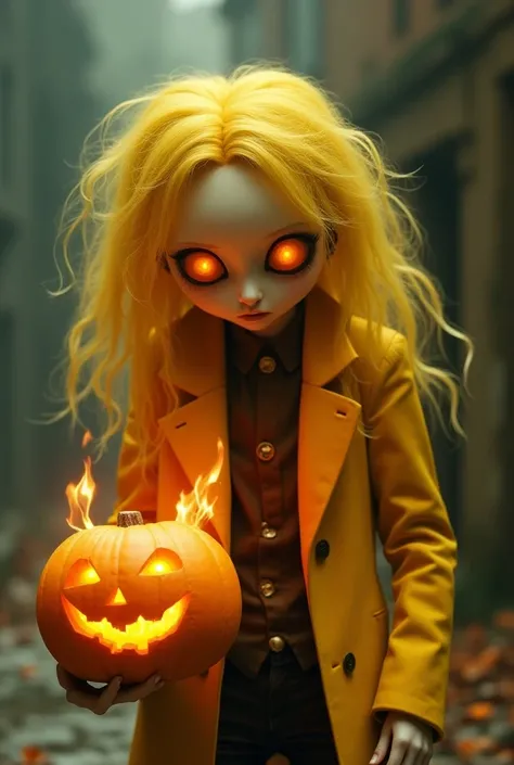  Create an image of a 3D , with long messy yellow hair , orange lenses ,  medium yellow open jacket ,  light yellow skin ,  carrying a Halloween pumpkin with fire in one hand 