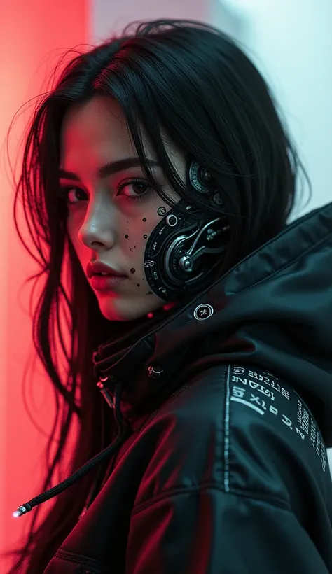 mechanical parts, wires, cables, cyberpunk, closeup portrait of a woman with a half robot face, pastel red/white colored, assassinkahb style, closeup photo of an wired-cyborg assassin with half robot face wearing a black high collar hooded parka with techn...