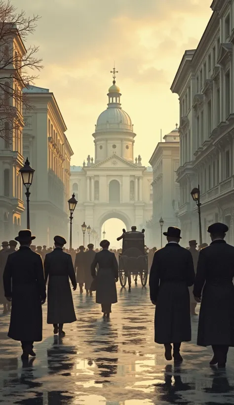 A thoughtful scene of Russian revolutionaries, set in a peaceful 1917, where no revolution is taking place. A calm cityscape of St. Petersburg with citizens living in harmony.