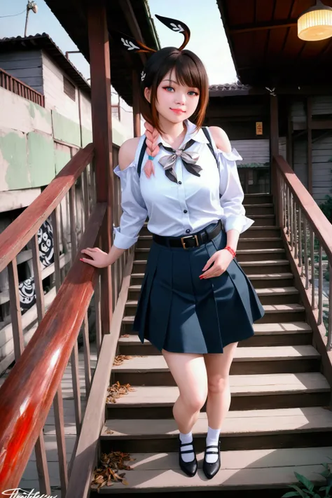 smiling pretty asian woman, standing posed on wooden stairs, she is in low single braid (+swept-side bang, black hair, peach blonde streaked hair, peach blonde ombre, two colored hair, white ribbon), wearing white collared blouse (+cold shoulders, teal nec...