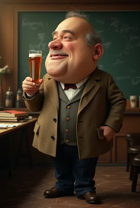 A teacher with a beer in his hand ,  who has a potatos face and his neck is very small 