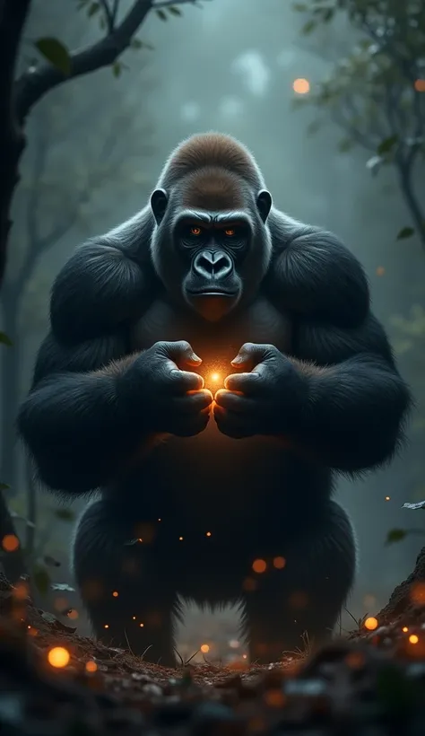 A gorilla making a heart with its hands. The gorilla has a gentle expression on its face and is making a heart shape with its strong hands. The background is moody, with a forest in soft dark tones, and dim light illuminating the silhouette of the gorilla....