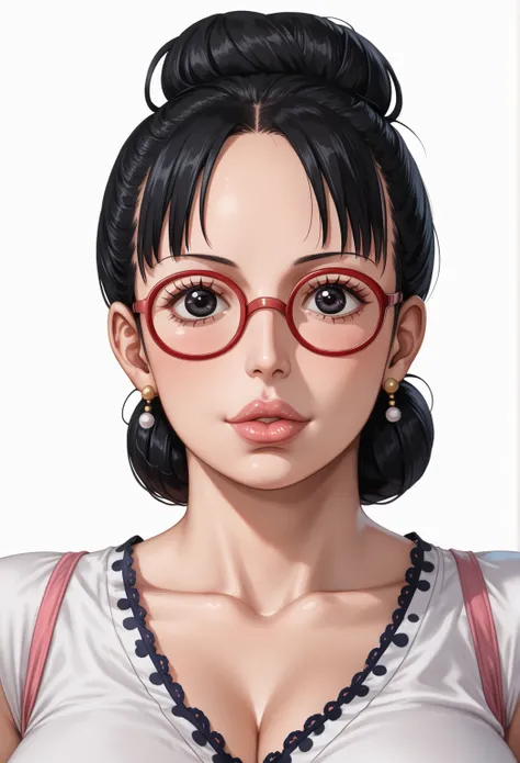 (1girl:1.3), Masterpiece, Top Quality, Amazing Beauty, 4K, Absurdity, Detailed Details, Super Detailed Eyes, Perfect Anatomy, BREAK, White Background, Bun Hair, (Black Hair: 1.5), Super Gloss Detailed black eyes, (((Tareme) )), Front view, ((Plump lips)), ...