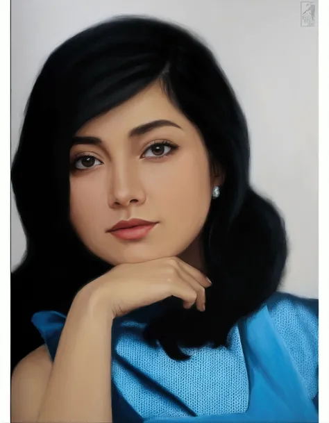 painting of a woman with a blue dress and a black hair, color portrait, close up potrait, inspired by Nazmi Ziya Güran, inspired by Bernardino Mei, inspired by reyna rochin, digital art!!, inspired by Basuki Abdullah, portrait 4 / 3, [ digital art ]!!, pot...