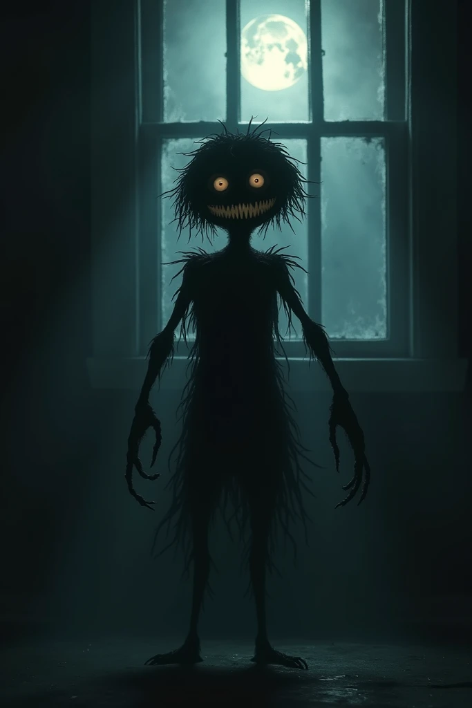 A very black figure with wide eyes and creepy wide grin, short frizzy hair above shoulder length. Longs stem like sharp fingers. Standing near the jalousi window illuminated by moonlight on a creepy dark room. Teeth were not sharp