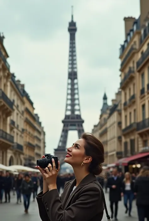 A woman vacationing in Paris taking a photo looking up at the Eiffel Tower