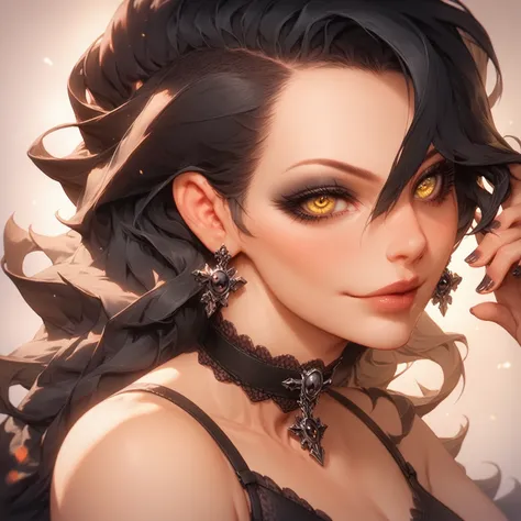 1girl, solo, ((beautiful detailed eyes)), (detailed light), (black hair), Bright Yellow eyes, dark eyeliner, hair partially covering one eye, choker, gothic underwear, sexy,  (subtle gothic decor) emotional stillness, bedroom