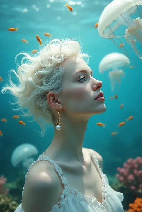 Photorealistic photos,  Beautiful Russian Woman ,   white skin with a bright glow  ,   white hair adorned with pearls floats in the water..,  ears with gold earrings  ,   has medium round pearls  , Bright White.,  looks up,   large jellyfish floating behin...