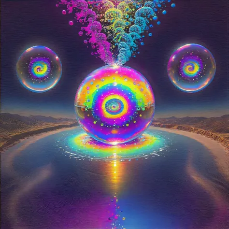 A psychedelic dream, vibrant colors shimmering, glass morphing from colors, intricate rainbow patterns, perfectly formed symmetrical spheres and glowing reflective bubbles, attention to detail on the bubbles and spheres, rainbows of color twisted in and ou...