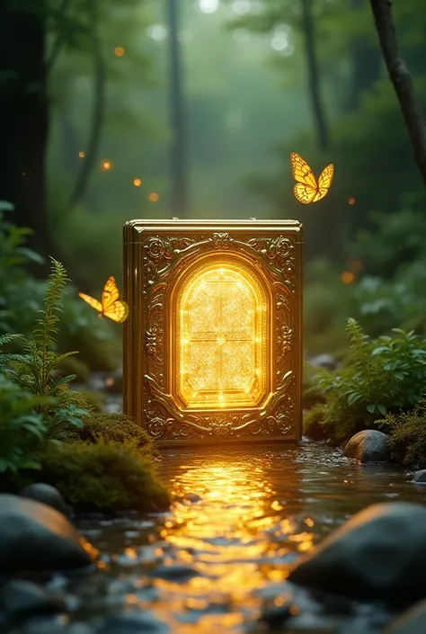 (photorealism:1.2), square and luminous door .  That door of gold and diamonds ,  stands in the middle of a beautiful wilderness,  and there is a river flowing with clear water , spotted butterfly