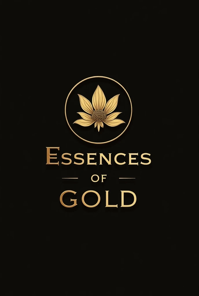 Create a logo that is round and with a flower in the middle adorned with the name Essences of gold  