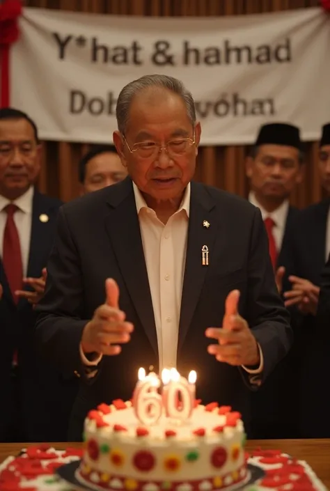 an Indonesian man is celebrating his birthday attended by the president of the republic of Indonesia.  The man still look young like 50 years old man. A little bit skinny, brown skin, regular Asian height.  There is a cake with candle number 60. There is a...