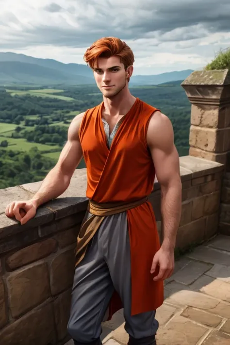 Photo-realistic. A pleased, tall, handsome, fit, 24-year-old Caucasian medieval prince, with short, fade-cut, burnt orange hair, and blue eyes, wearing a red and tan sleeveless tunic, with gray trousers, standing on a castle wall, looking out to the distan...