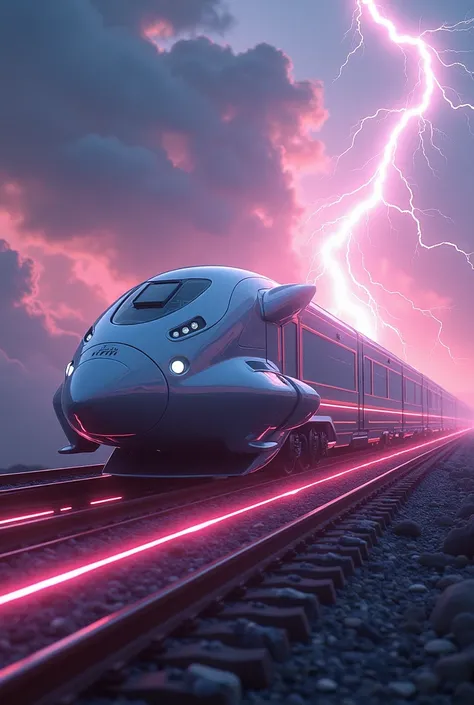 A train travels on bright rails and has bright wings and lightning in the sky in the year 3000