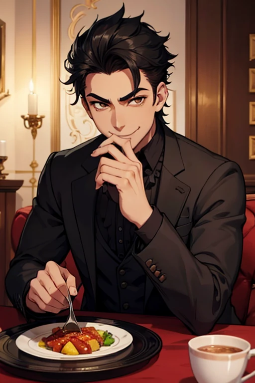 Perfect face. Perfect hands. A man with spiky black hair and brown eyes in a Gothic suit is smiling while eating dinner in a Gothic ballroom