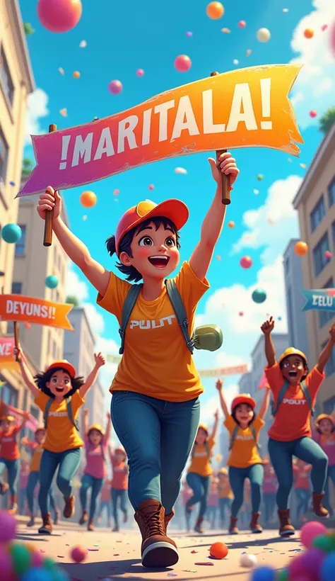 A vibrant street parade scene with workers holding colorful banners and signs, celebrating unity and progress under a bright sky filled with balloons and confetti.