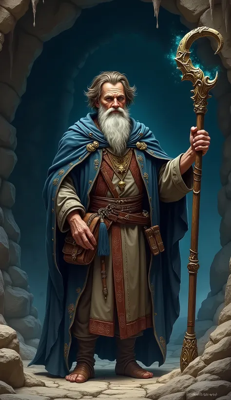 Illustrate a middle-aged male wizard standing confidently at the entrance of a dark cave, ready for adventure. He has tousled brown hair, piercing blue eyes, and pale skin that hints at a life spent in study rather than in the sun. His face is unshaved, gi...