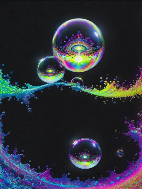 A psychedelic dream, vibrant colors shimmering, glass morphing from colors, intricate rainbow patterns, perfectly formed symmetrical spheres and glowing reflective bubbles, attention to detail on the bubbles and spheres, rainbows of color twisted in and ou...