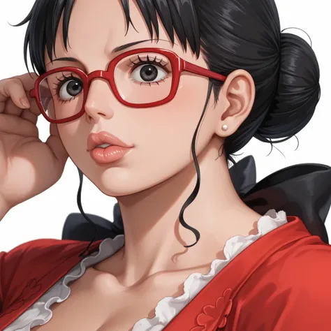 (1girl:1.3), Masterpiece, Top Quality, Amazing Beauty, Anime, Pixiv Illustration, Absurdity, Detailed Details, Super Detailed Eyes, Perfect Anatomy, BREAK, White Background, Bun Hair, (Black Hair:1.5) , Super glossy black eyes, (((Tareme))), Front view, ((...