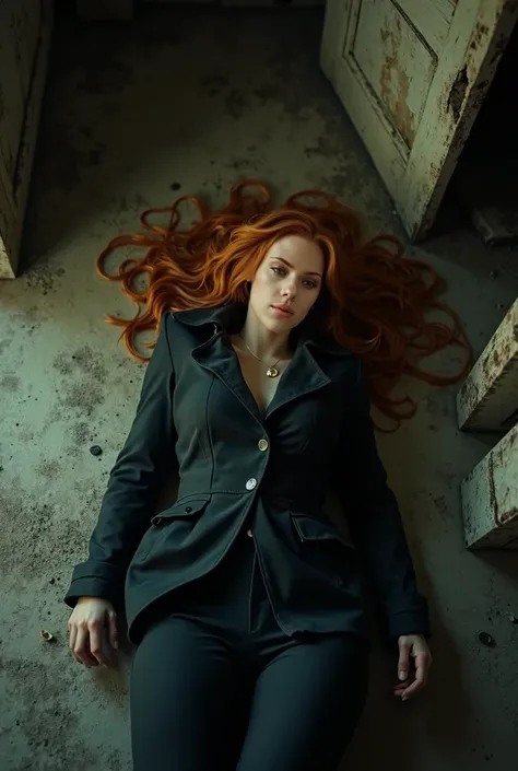 Scarlet johansson wearing black pants and close black coat orange hair fainted down on the ground in old cabine covered with dirt view from above close look into her face