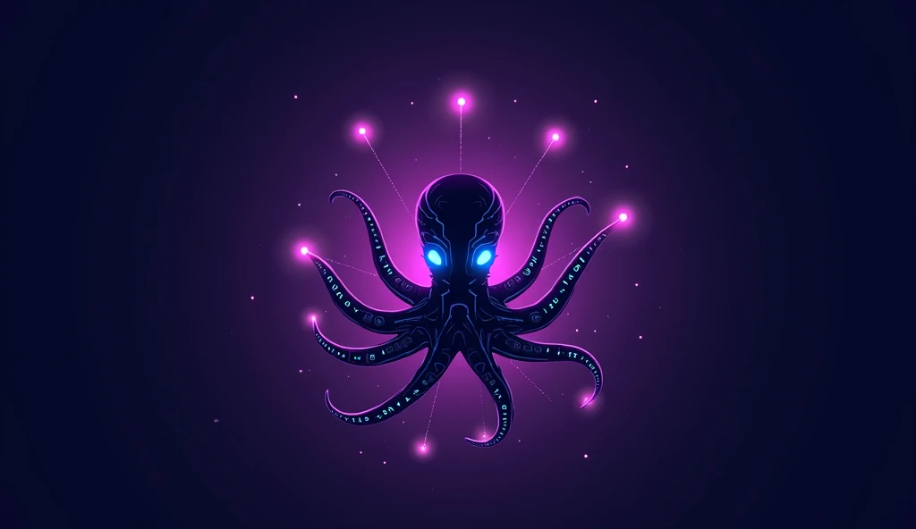  A minimalist logo of an octopus with tentacles that connect to various points of light,  symbolizing the interconnection of blockchains ,  Predominance of purple and shades of blue giving a sense of technology and futurism , Luminous eyes and technologica...