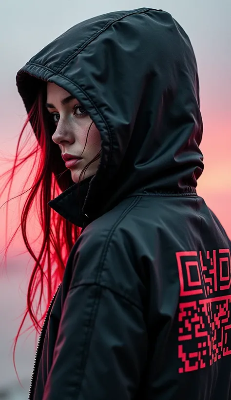  cyberpunk, closeup portrait of a woman with a half robot face, pastel red/white colored, assassinkahb style, closeup photo of an wired-cyborg assassin with half robot face wearing a black high collar hooded parka with technical macro writing resembling an...