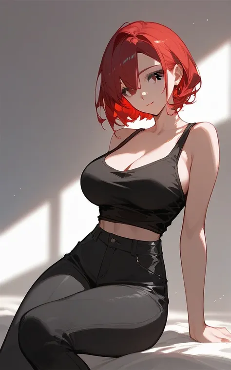 anime pretty girl with short black with the ends dyed red hair, big breasts, very sexy legs, black pants , black tank top, beautiful black eyes, 