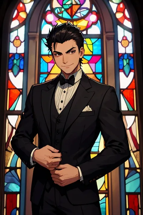 Perfect face. Perfect hands. A man with spiky black hair and brown eyes in a Gothic suit is smiling while posing in front of a stained glass window in a Gothic ballroom