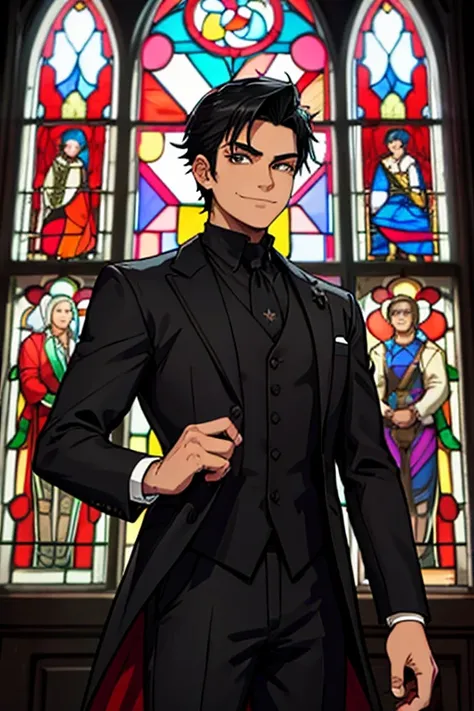 Perfect face. Perfect hands. A man with spiky black hair and brown eyes in a Gothic suit is smiling while posing in front of a stained glass window in a Gothic ballroom