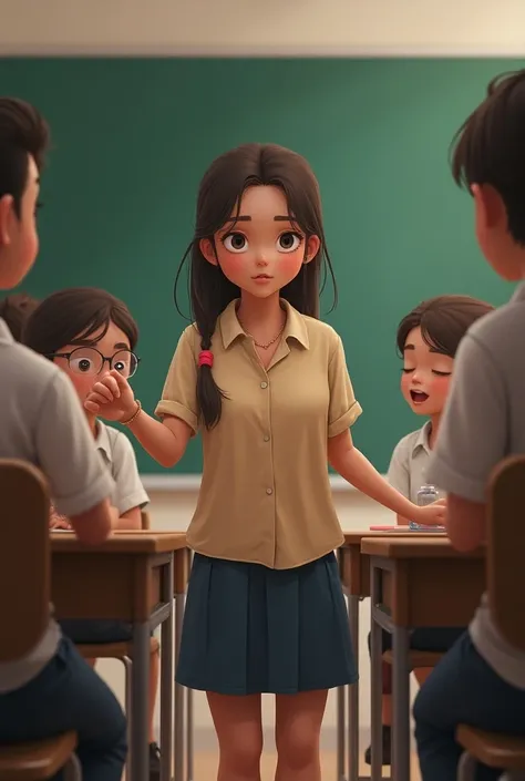  girl in a classroom exposing her very shy classmates