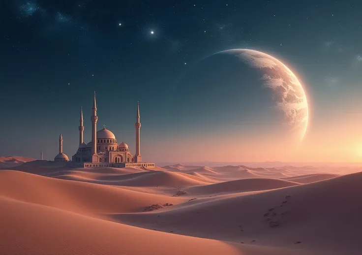 A desert and scene in the evening, with a planet visible on the left side of the picture in a space-like sky filled with stars and cosmic elements. The  mosque is also positioned on the left, blending harmoniously into the desert landscape. The atmosphere ...