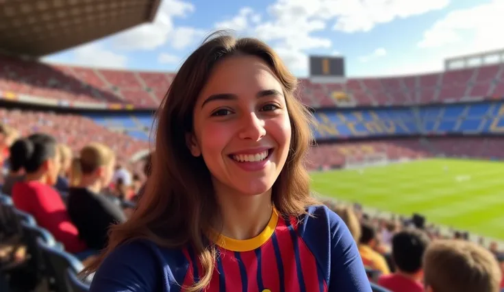 a beautiful young woman, 20 years old, smiling and excited, hyper realistic detailed portrait, at a football stadium, supporting Barcelona FC, photorealistic, 8k, high quality, masterpiece, vibrant colors, dynamic lighting, cinematic atmosphere