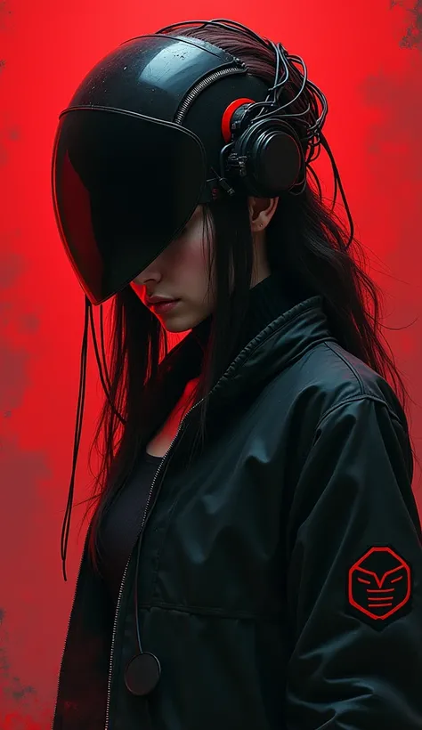  a digital illustration of a futuristic woman with long dark hair and a futuristic helmet. She is wearing a black jacket with red accents and has a futuristic design on her head. The helmet is covered in wires and cables, giving it a futuristic look. The b...