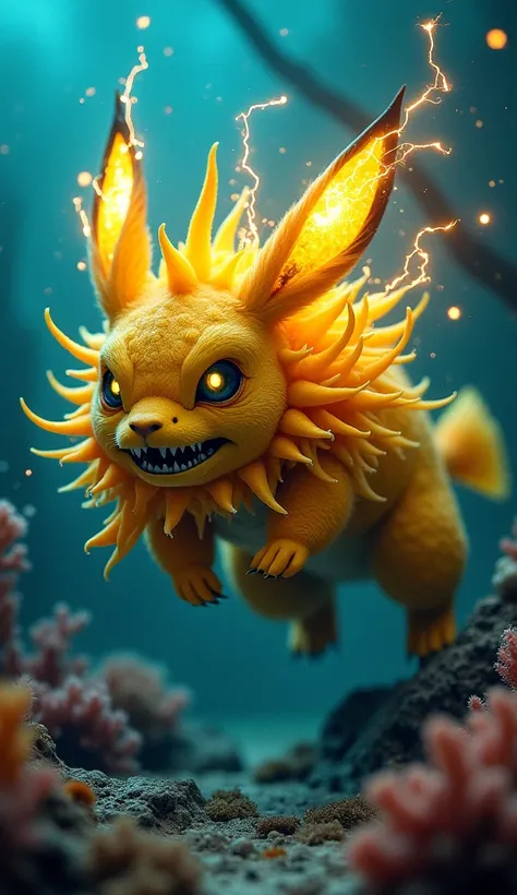 "A terrifying blend of a lionfish and Pikachu, with electrified spines, sharp fins, and glowing yellow eyes. It lurks in a shadowy coral reef, sparks dancing around as it watches with an intense, deadly expression."