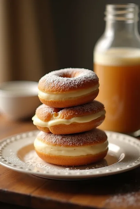 🍩 Bavarian Cream Donuts Recipe 🍩,  The scene should be captured in warm, inviting lighting with a slight grainy texture, reminiscent of an old camera. The composition should convey a casual yet appealing presentation that highlights the dishs homemade char...