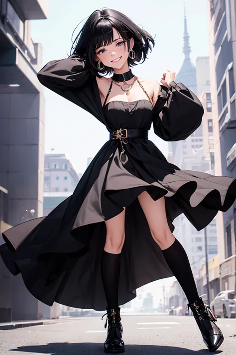 a cartoon women crying and smiling wearing very gaudy outfit and black hair, 1girl, black hair, holding, solo, black footwear, l...