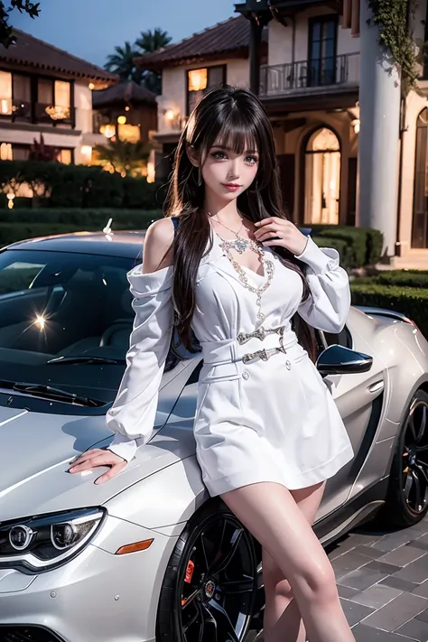 9 girls ,  dress,  mature and beautiful ,  rich and noble ,  evening ,   knight ,  standing outside a luxury villa , whole body,  luxury sports car next to you , Super detailed CG, It shows a lot of white thighs with an elaborate appearance , A clear expre...