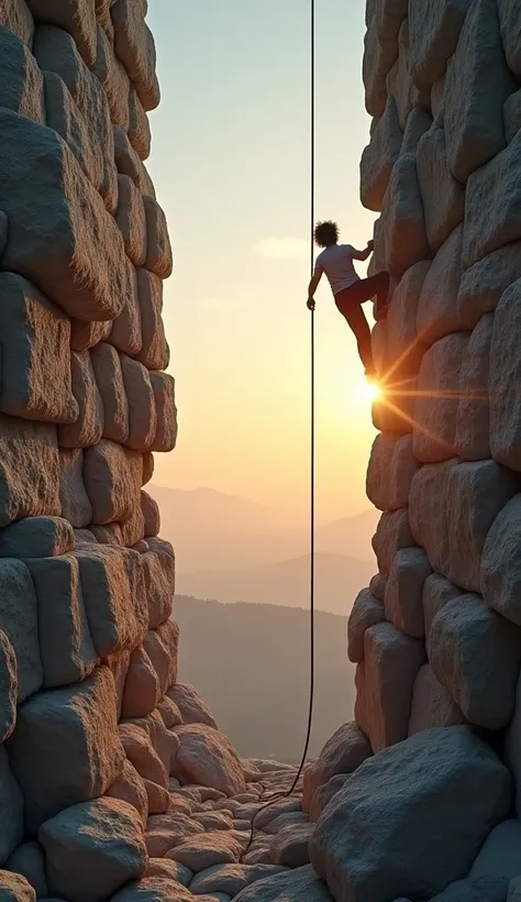 A person using a rope to climb an enormous stone wall, with a distant view of a radiant horizon. The stone wall, a symbol of difficulties, begins to become smoother as the person uses the rope, demonstrating that, by overcoming challenges, we find a cleare...