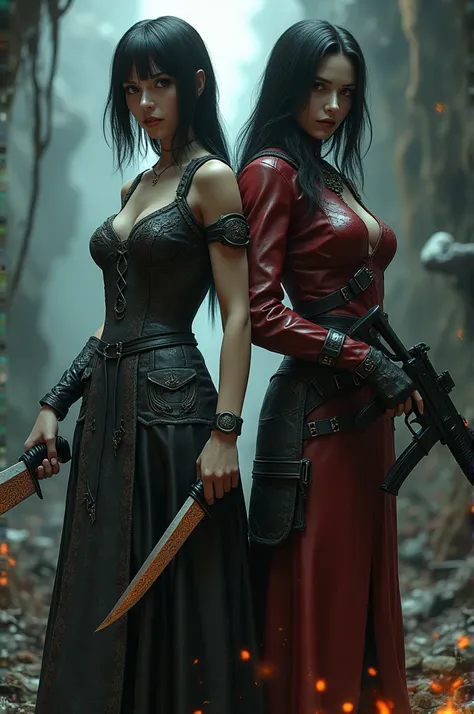 Uma fusão entre Alice Alice: Madness Returns com a 
Ada Wong Resident Evil mais com uma faca na mão da Alice e uma arma na mão da Ada