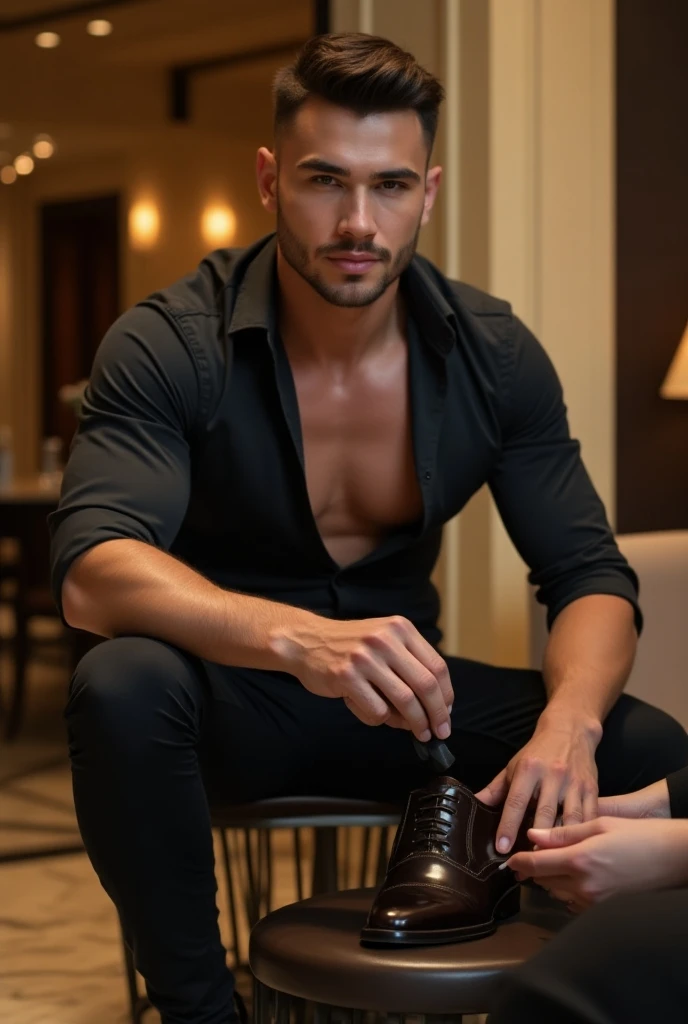 A tall, hot, handsome, muscular young man in his 20s works as a shoe shiner in an upscale, polished lobby. His smooth white skin gleams under the warm lighting, and his strikingly handsome features—high cheekbones, square jawline, and warm, welcoming gaze—...